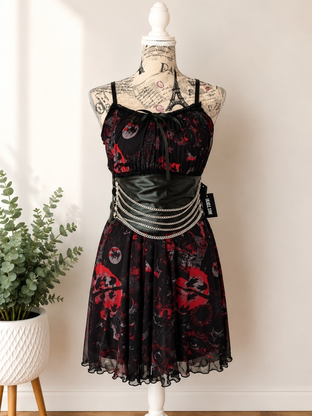 Hot Topic Alternative Dress Black Red Skull Print W/ Chain Belt ONLY Medium